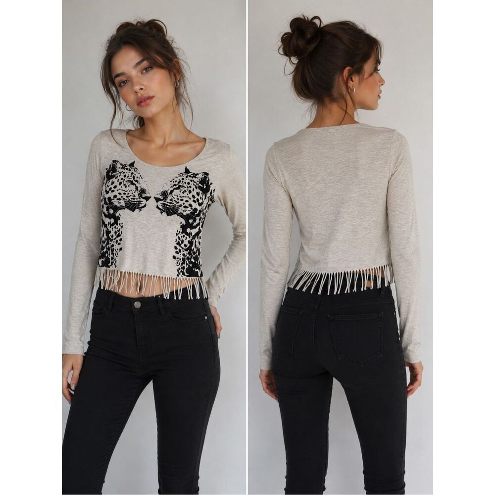 Luxury Boutique Leopard Fringe Crop Top Long Sleeve Animal Print Boho Tee